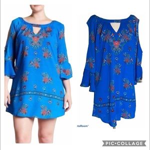 WANT AND NEED Cold Shoulder 3/4 Bell Sleeve Dress